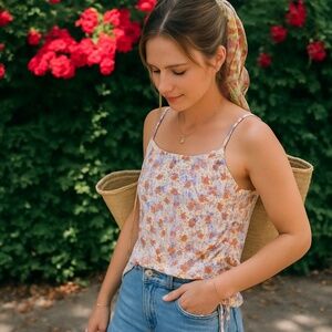 Floral Romantic Print Camisole Side‎ Tie Ruched Top Multicolor Size L